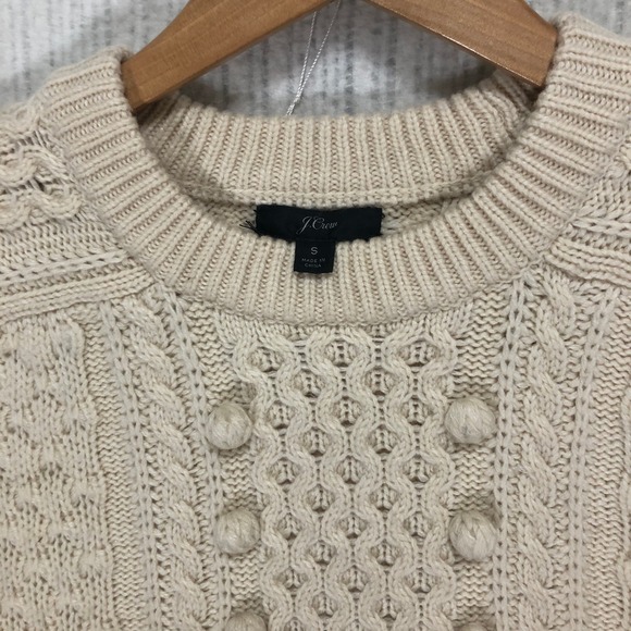 J. Crew Cable Knit Pom Pom Sweater Cream Lambswool Blend Womens Small - Picture 3 of 7